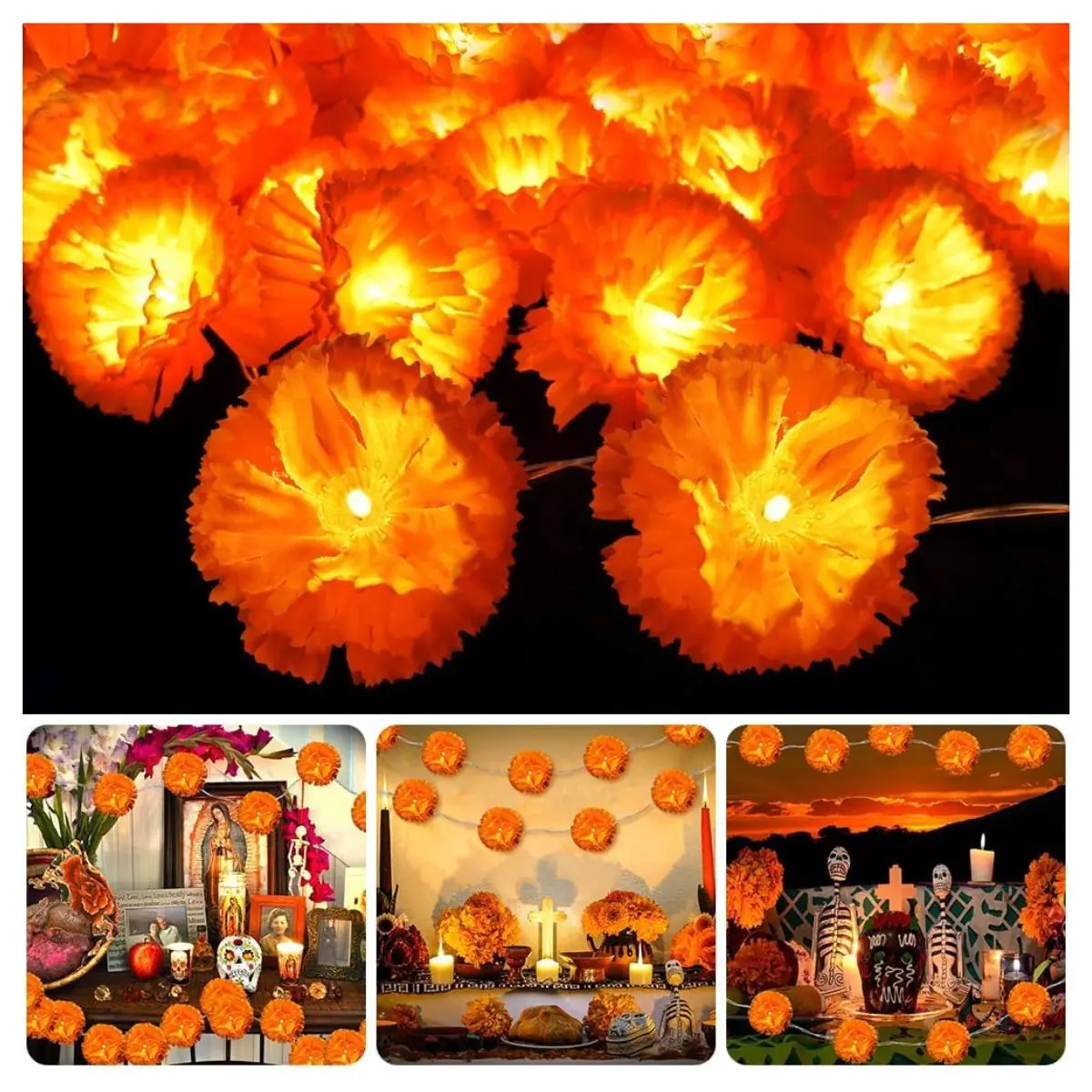Marigold Flower String Lights – 10 LED Artificial Marigold Garland for Halloween, Diwali & Party Decor