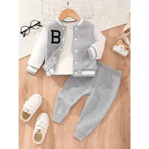 Letter Pattern Baseball Jersey Outdoor Set, Baby Boy Casual Jacket and Pants Outdoor Set, Winter/Autumn