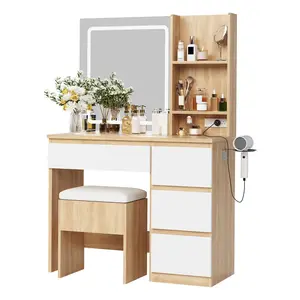Garvee 3-Color Adjustable Lighted Mirror Vanity Desk Set with 4-Drawer Dressing Table, Storage Stool, Power Outlet, and Shelves; Complete Makeup Vanity for Bedroom or Dressing Room; Easy Assembly