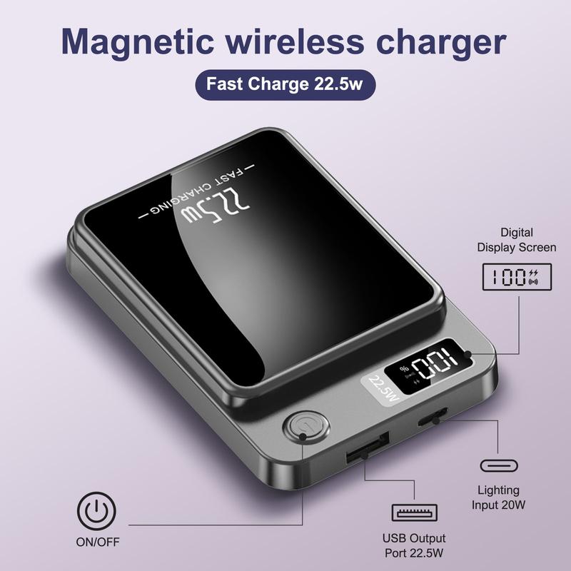 light and thin-Digital Power Display 10000 mAh Wireless Magnetic Power Bank for iPhone & Android Phones, Compact and Portable Charger Chargeable Smartphone Battery