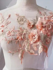 3D Floral Beaded Rhinestone Mesh Embroidery Fabric Lace Patch Elegant Sew on Applique for Wedding Dress Gowns Clothes Bags DIY Decoration