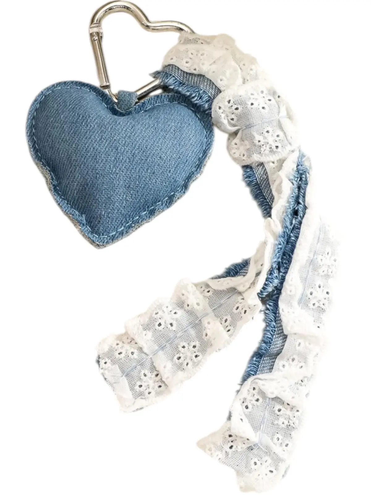 Denim Heart Keychain with White Lace Ribbon