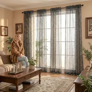 Summer Vibes, 52x84 Inch 4pcs Sheer Curtains for Living Room Bedroom Linen Silver Hot Stamping Sheer Curtains, Rod Pocket Luxury Black Out Curtains for Windows Apartment FT5001