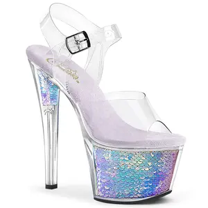 Women's 7-in High Heel Platform Sandals - SKY-308MC, Clear-Lavender Hologram Inserts, Fashion Footwear, Stylish Shoe