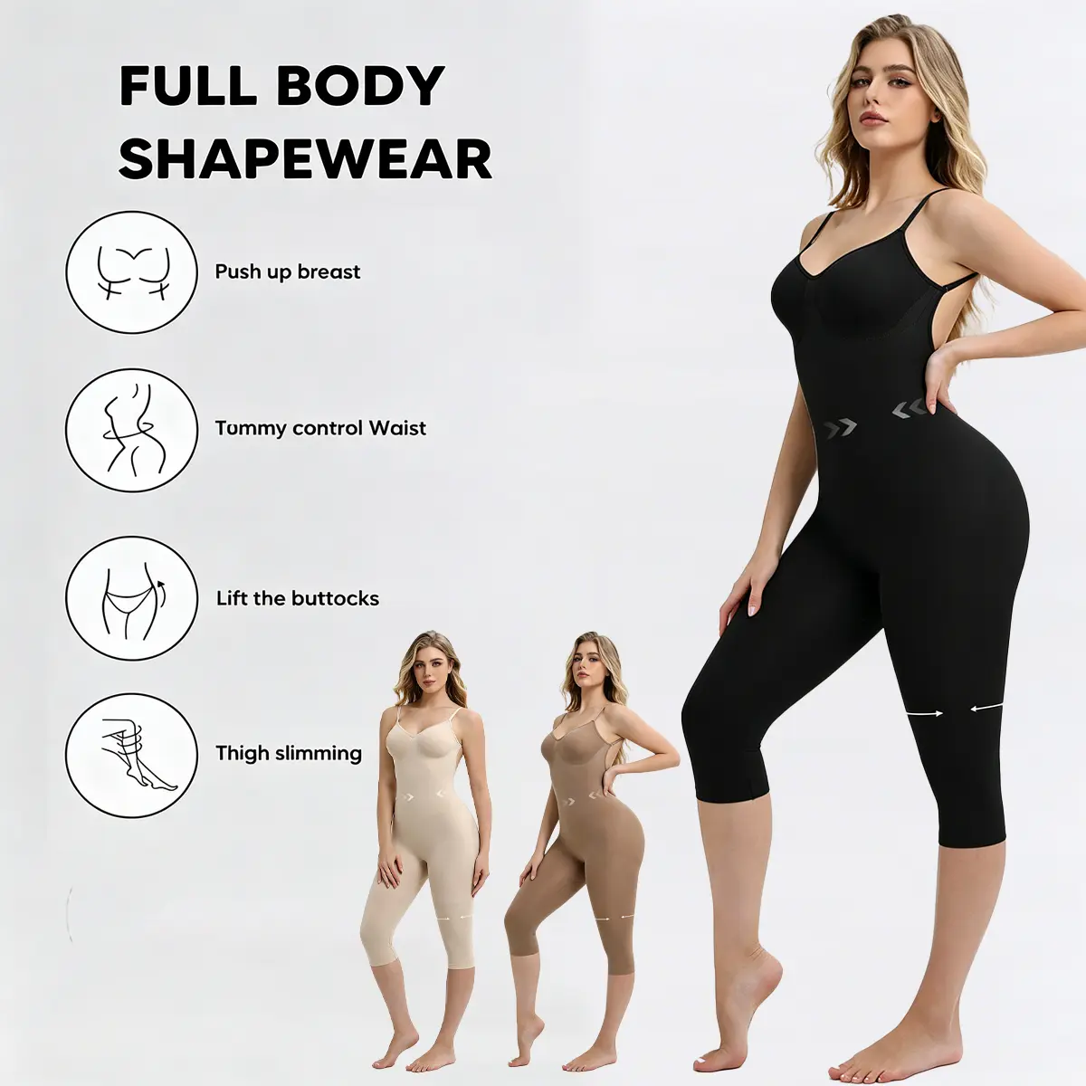SUPRENX Lady's Backless Seamless Full-Body Shapewear Bodysuit - Mid-Thigh Jumpsuit with Open Crotch for Bridal Events, Casual Wear, Parties