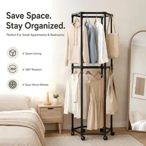 Space Saving Clothes Rack with Wheels, Rotating Clothing Organizer for Small Apartments, Vertical Garment Storage Rack for Bedrooms, Dorm Rooms and Laundry Areas