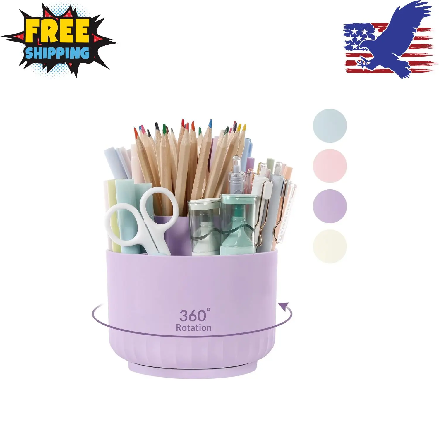 360 Degree Rotating Desk Organizer, Dual-Purpose Pencil Pen Holder with 5 Slots Purple