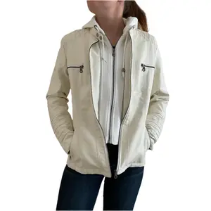 Women's White Leather Jacket with Removable Hood