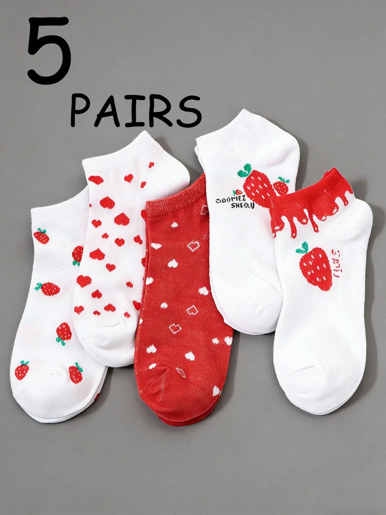 5 Pairs Strawberry Heart Theme Short Socks, Cute Valentine's Day Gift, Comfortable and Stylish, Perfect for Women and Girls