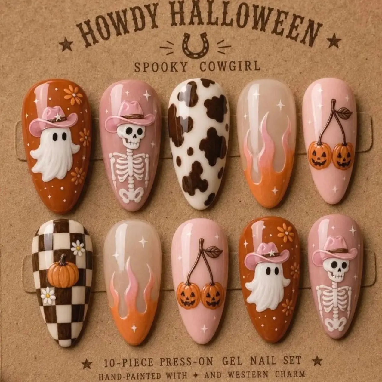 Western Autumn Press On Nails Handmade Cow Print Orange Flame Country Style Plaid Gel Nail Art Reusable Luxury Seasonal Manicure Gift for Women