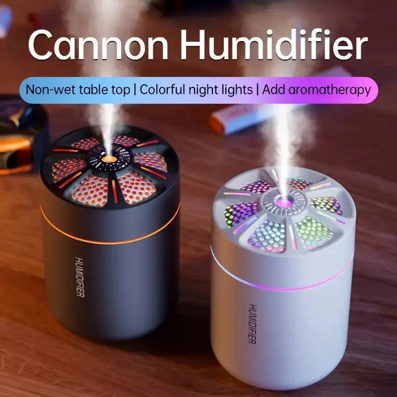 Small Steel Cannon Aromatherapy Humidifier, Silent Operation, Multi-Color Ambiance, Suitable for Living Room, Bedroom, Car, Can Be Used as Car Diffuser, Usb Powered Humidifier