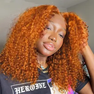 Curly Bob Wig Human Hair Curly Wave 13x4 HD Lace Front Wigs For Black Women Human Hair Pre Plucked Wear And Go Glueless Short Wet And Wavy Orange Ginger Color #350 16 Inch