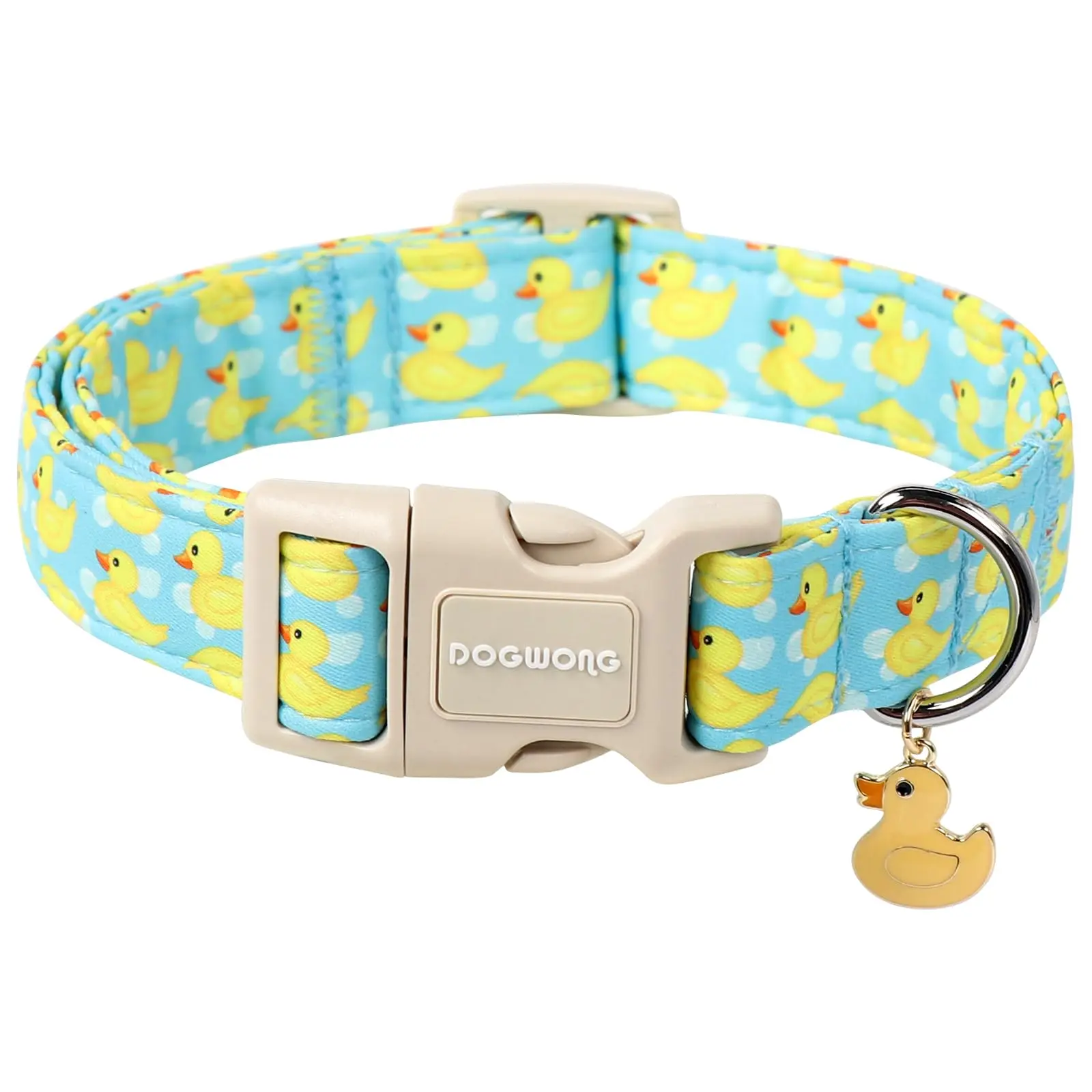 DOGWONG Duck Print Cotton Dog Collar - Sturdy Plastic Clasp, Soft, Chew Resistant, Adjustable Roll Buckle, Detachable, Summer Beach Style, Daily Wear for Small to Large Dogs