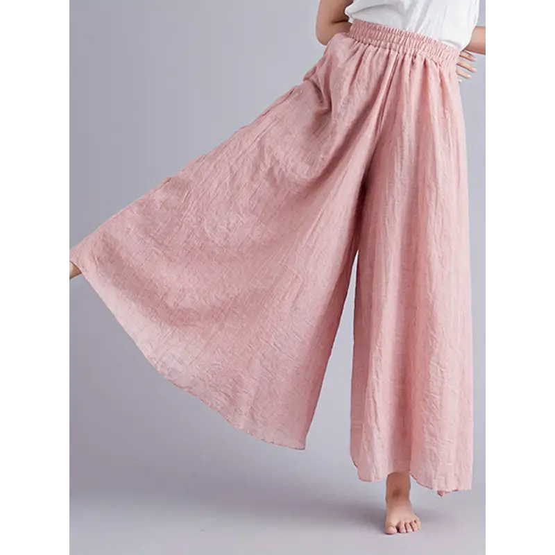 Women'S Culottes Skirt Pants Loose Fit Solid Elastic Waist Wide Leg Trousers for Summer Cotton Fabric Bottoms Womenswear