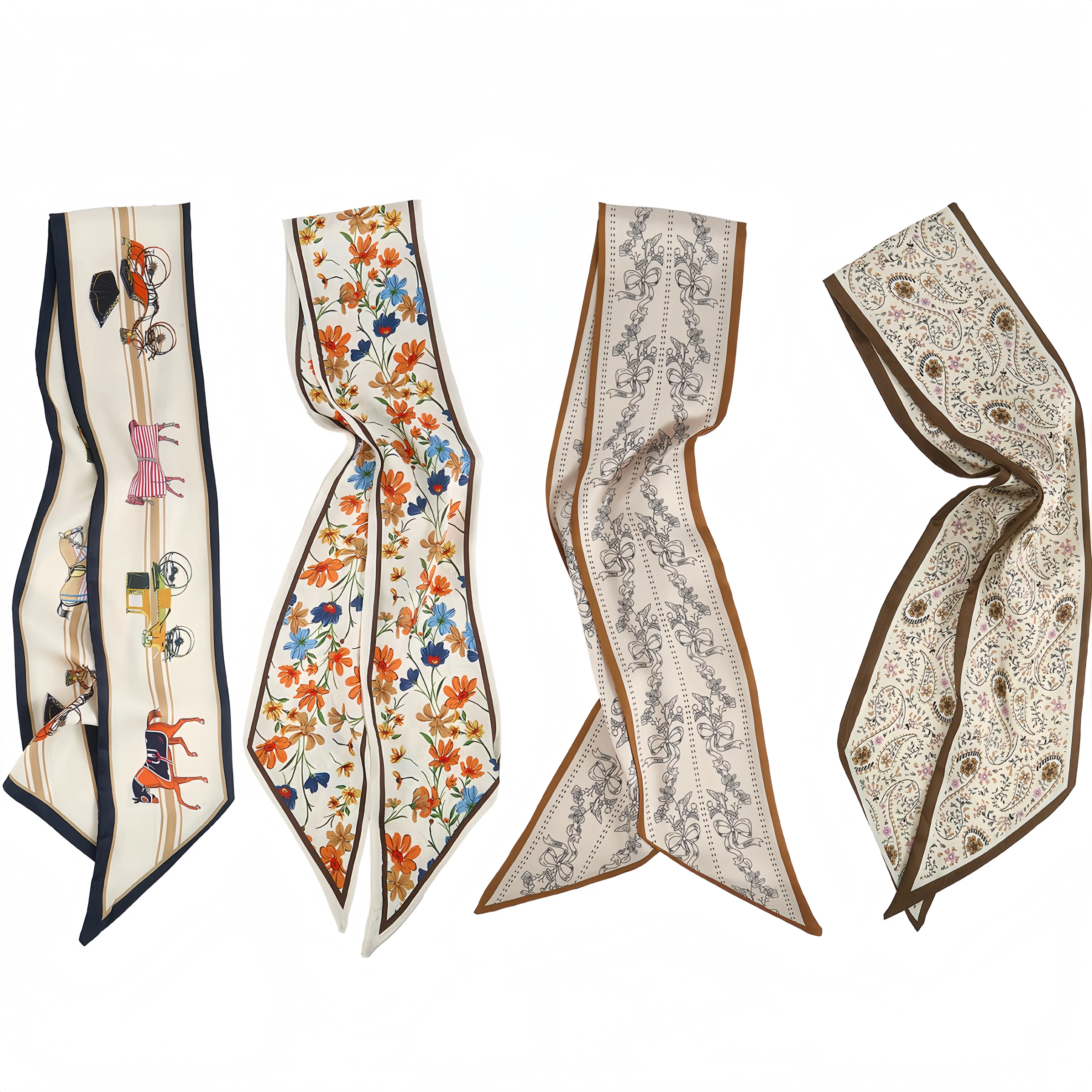 Women's 4-Piece Paisley Graphic Bandana Set, 57" Long Silky Satin Hair Scarves, Smooth-On-Skin Printed Fabric Accessory for Hair & Bags, Bandana Headbands, Thanksgiving Use, Silk-Like Poly Material, For Women
