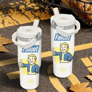 Game F-Fallout Vacuum Flasks 30oz Stainless Steel Flip Straw Tumbler with Handle - Leakproof Twist Lid Vacuum Insulated Travel Mug - BPA Free Reusable Water Bottle for Gym Work and Travel - Fits Car Cup Holders