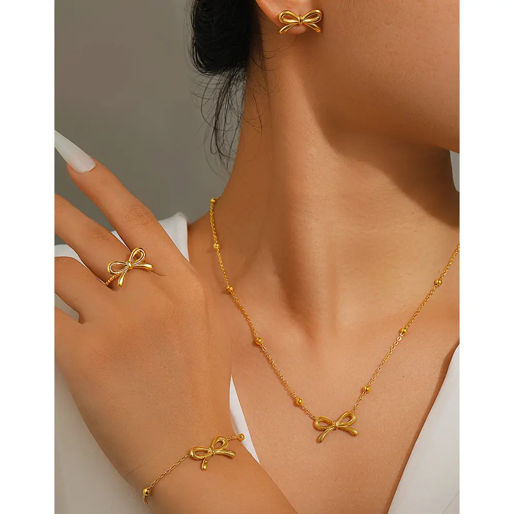 4 set fashion versatile bow stainless steel women's collarbone chain bracelet ring stud earrings set