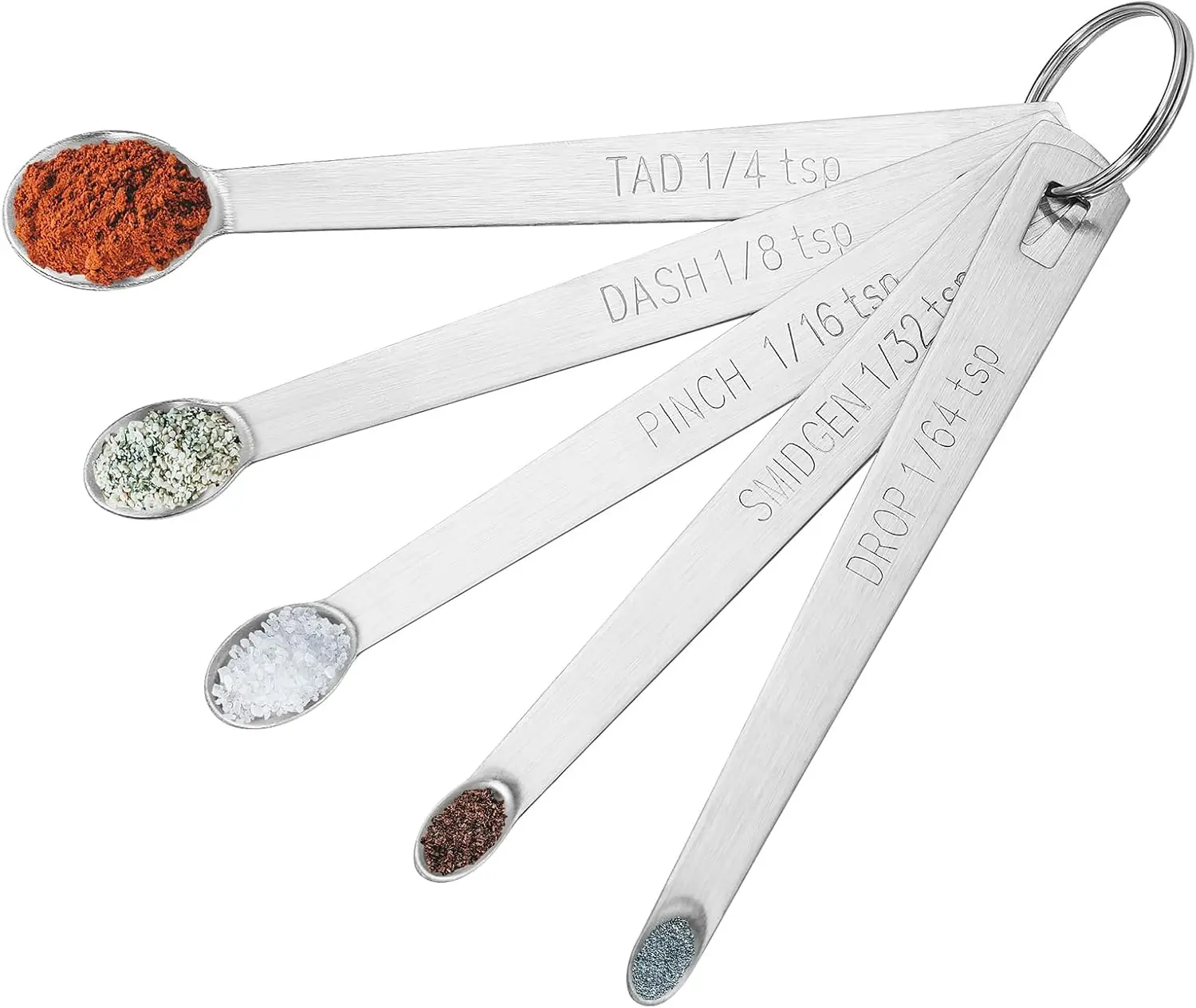 Handy 5-Piece Mini Stainless Steel Measuring Teaspoons Set - Clearly Marked Tiny Measures (1/4,1/8,1/16,1/32,1/64 tsp), Durable, Dishwasher-Safe Kitchen Utensils, Split-Ring Containment, No Breakage for Jar Scooping, Baking, All Seasons Use, Five Pieces