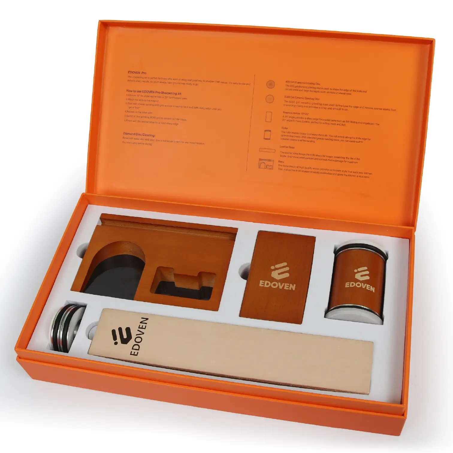 EDOVEN Premium Wooden Rolling Knife Sharpener Set - Beech Wood Device with Magnetic Base, Leather Strop, Stand, 2 Extra Discs, Ergonomic Design, 15 & 20-Degree Settings, Kitchenware for Pocket & Culinary Knives, Elegant Gift for Chefs, Angle
