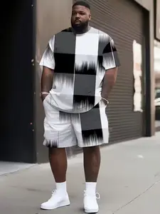 Plus Size Casual Suit Set, Modern Loose Fit Design, Short Sleeves & Colorblock Print, All-Season Wear, Ideal for Daily