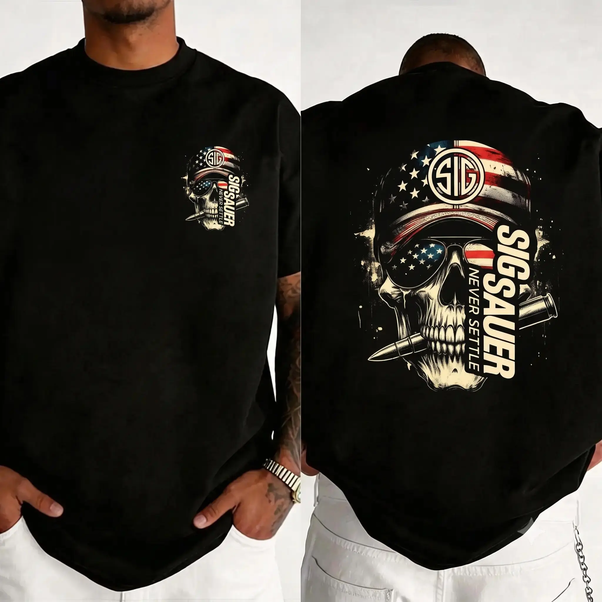 Sig Sauer American Skull Flag 2-Sided Unisex Short-Sleeve Casual Cotton T-Shirt, Menswear Top, Tactical Gear for Gun Lovers