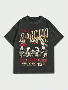 Vintage Washed Loose Mothman Print T-Shirt, Distressed Mystery Legend Pattern Short Sleeve, Horror Style Streetwear