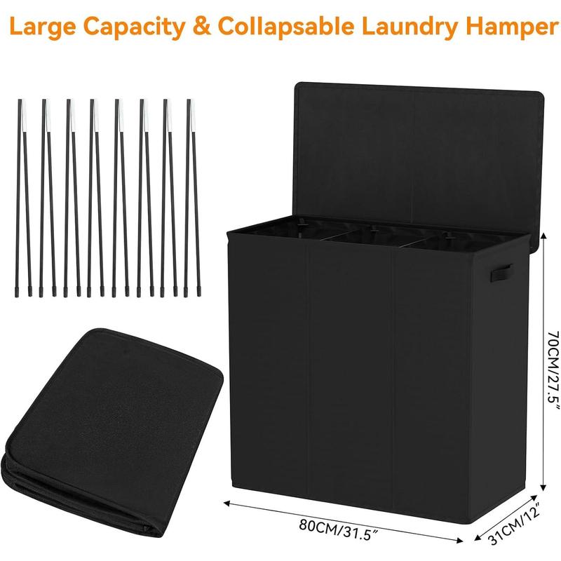 180L Laundry Hamper with Lid 3 Section,Large Laundry Basket with Removable Bags and Handles,Collapsible Dirty Clothes Hampers for Laundry,Laundry Basket Organizer for Laundry Room,Dorm,Black