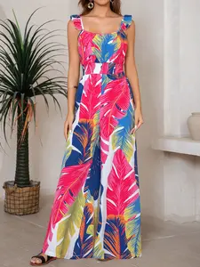 Women's Colorful Tropical Leaf Ruffled Backless Wide Leg Jumpsuit, Waist Cinched Design, Perfect for Island Vacation, Summer Party, Casual