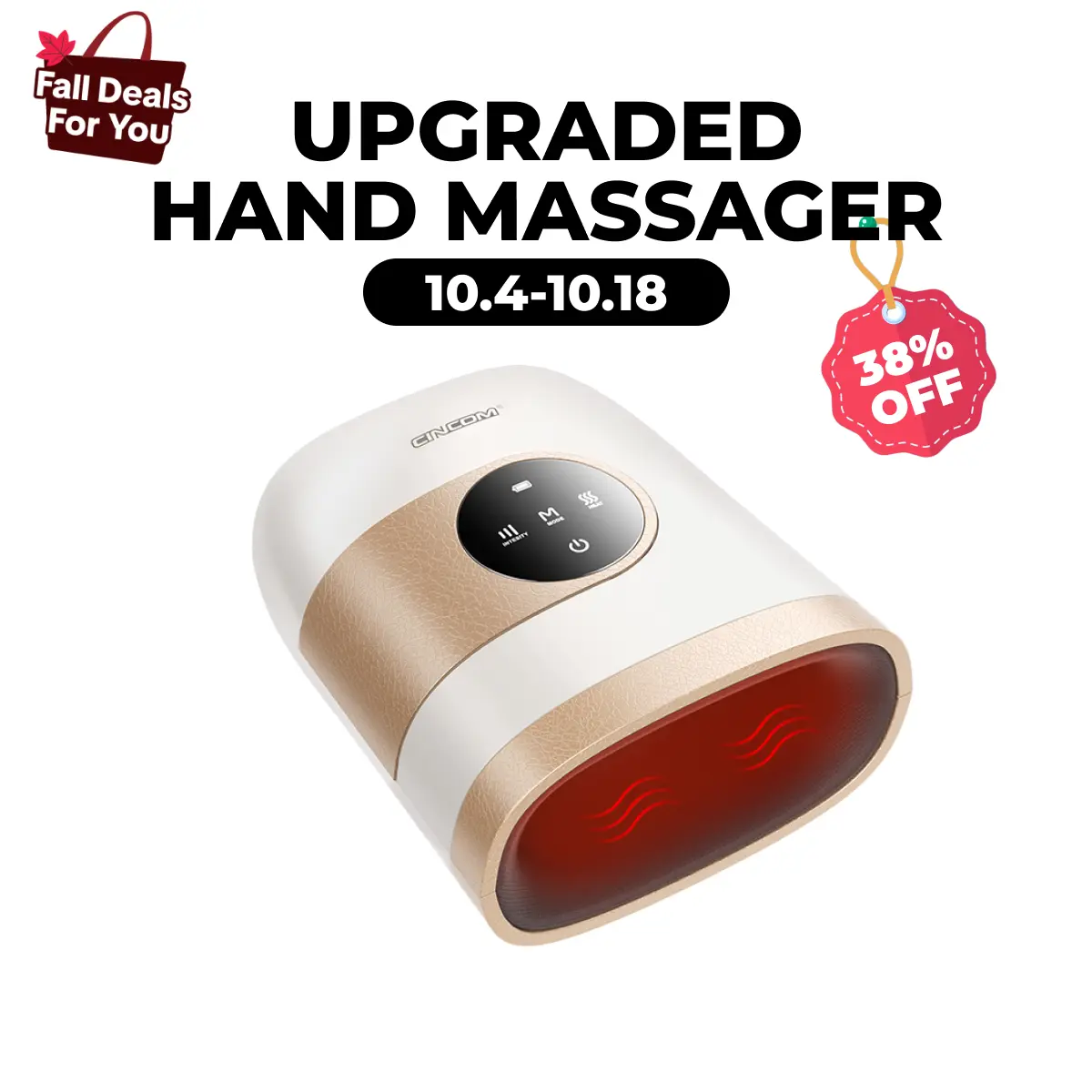 CINCOM White Gold Cordless Hand Massager, Rechargeable with Adjustable Comfort Settings, Soothing Warmth Control, User-Friendly Display - Perfect for Relaxation, Ideal Gift for Loved Ones, Dorm Essential