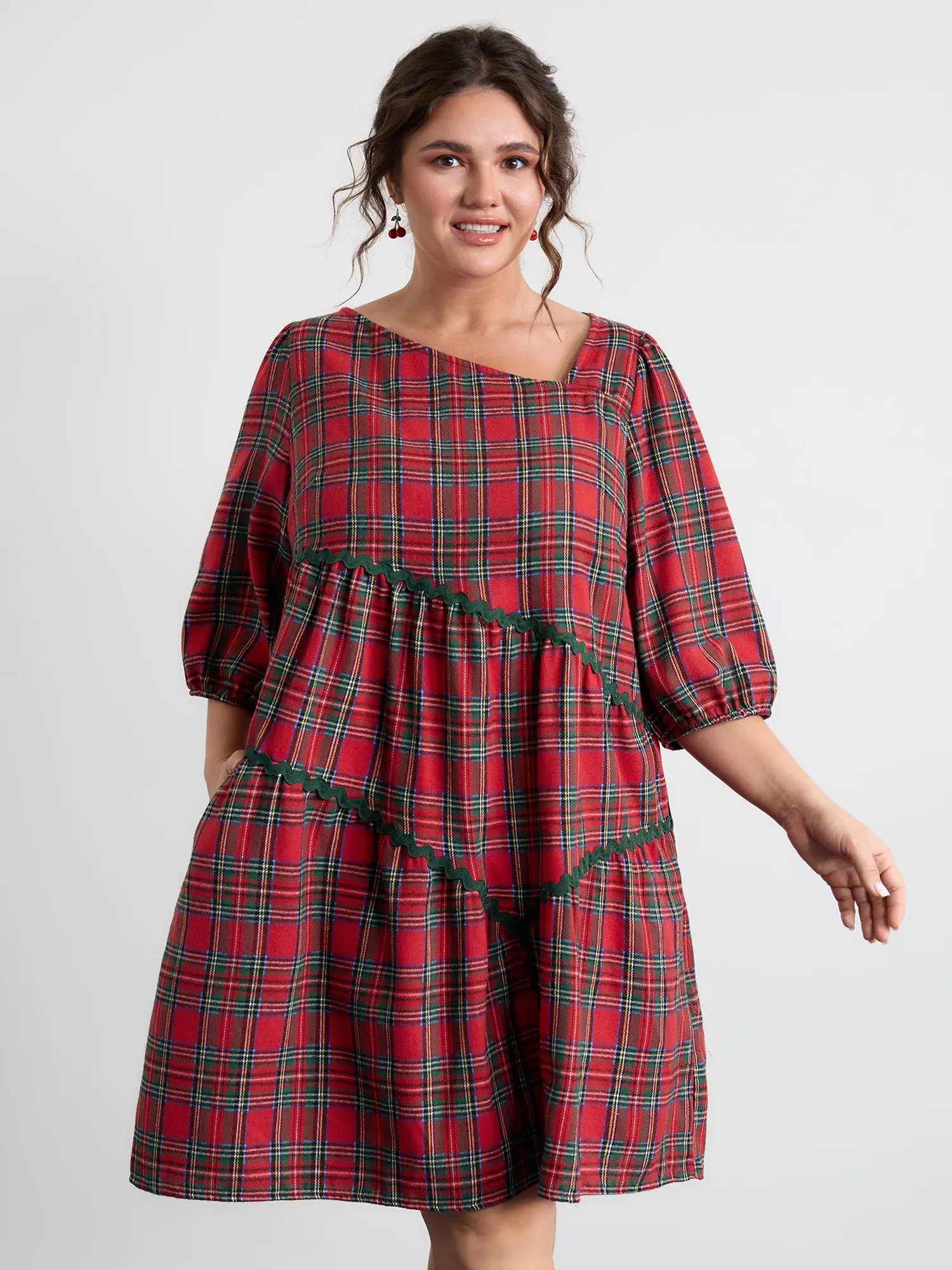 BLOOMCHIC Women's Color Blocking Festive Plaid Midi Dress - Polyester  Fabric - TikTok Shop