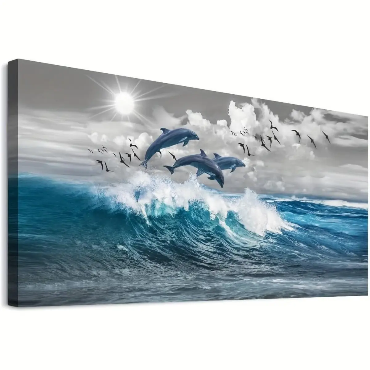 Canvas Walls Dolphin Wall Art - Blue Wave Design - Canvas Art Print - Frameless - For Living Room & Bedroom Decoration - Perfect Eid Al-Adha Mubarak Gift Poster Ornaments Photo Artistic