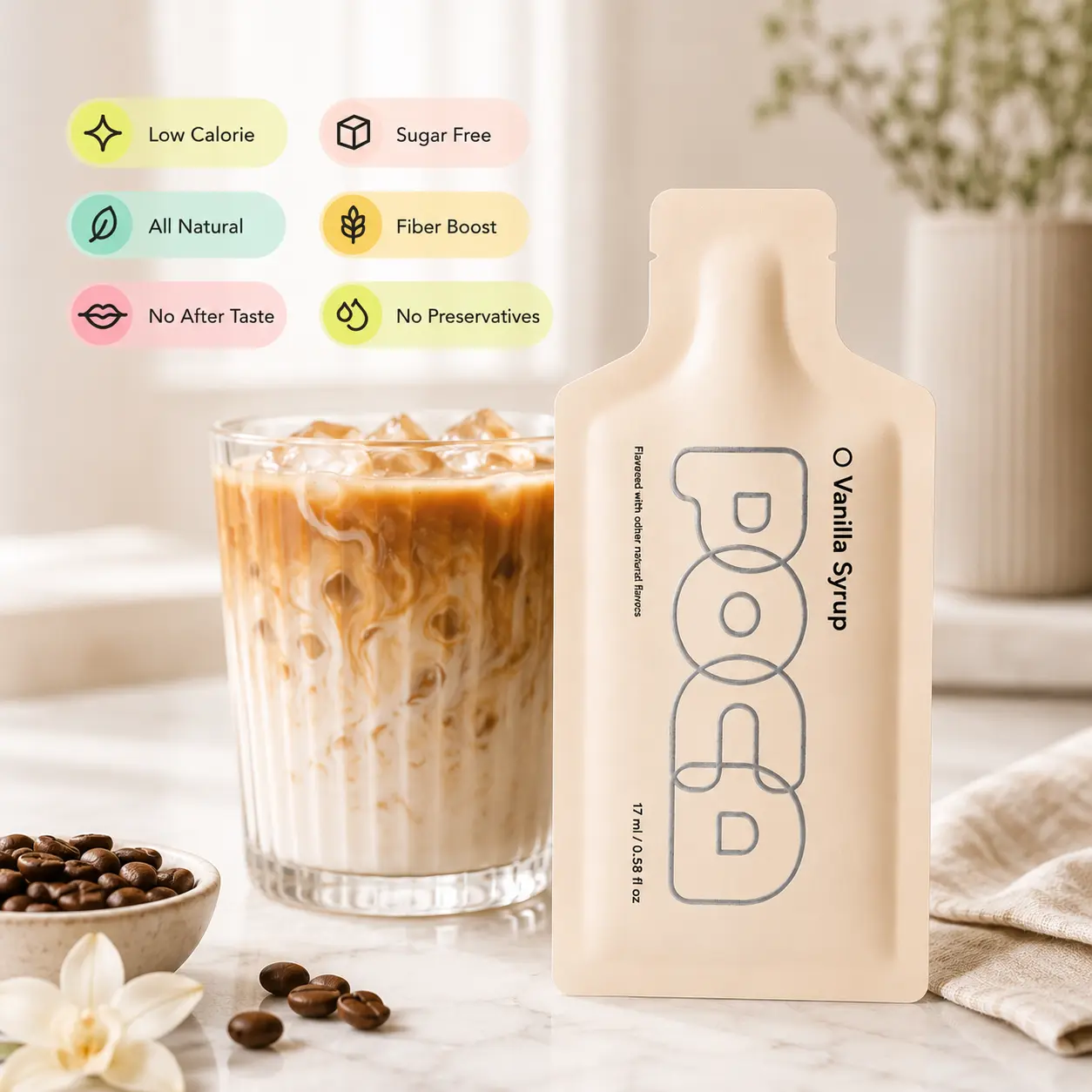 POCA Vanilla Bean Coffee Syrup – 0g Sugar Plant-Based | 3g Fiber | No Sugar Alcohols | GLP-1 Friendly | Zero Aftertaste Latte Syrup