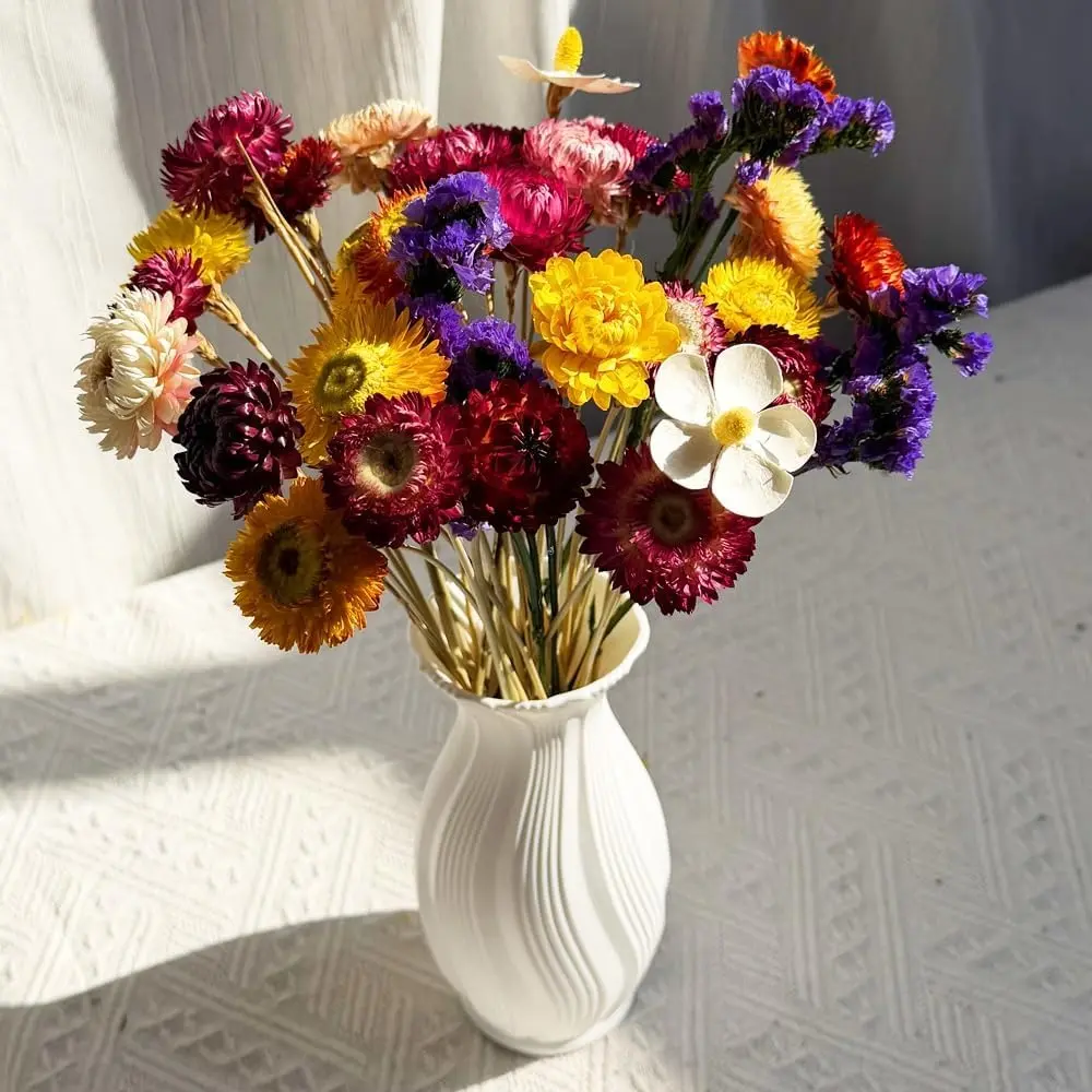 20 Pcs Straw Flowers Daisy Dried Flowers with Stems, Dried Flower Bouquet for Vase, Spring Flowers Home Office Wedding Table Centerpiece Farmhouse DIY Decor, Purple & White