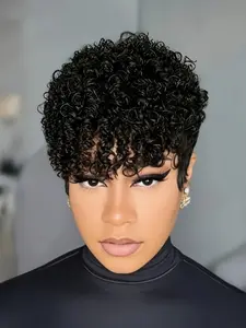 Curly Wave Short Pixie Cut Wig Human Hair Natural Daily Wig for Women Full Machine Made Wigs Black Color Wigs Easy to Wear