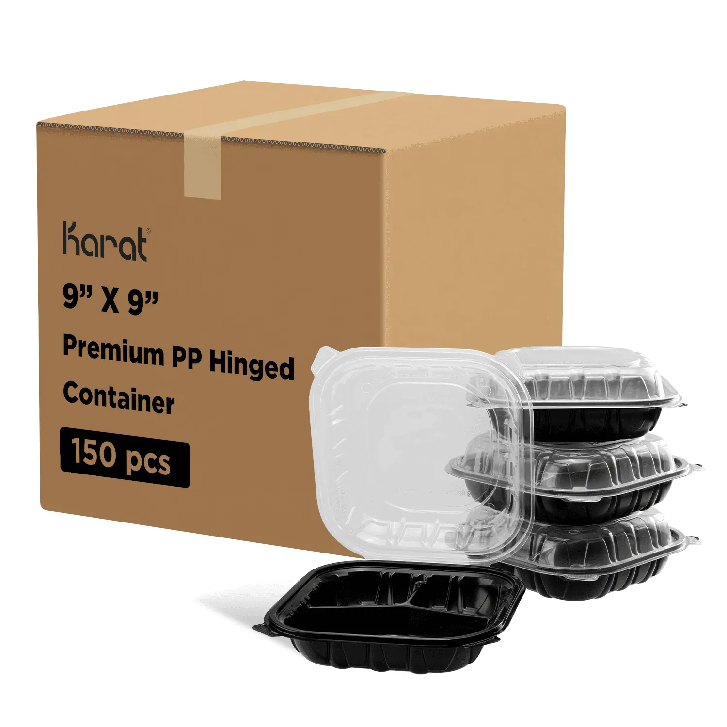 [150 ct] 9" x 9" 3-Comparment Premium PP Hinged Container