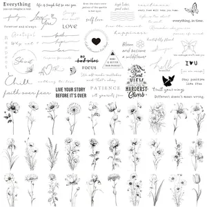 Realistic Temporary Tattoos - 60 Sheets Small Fake Tattoos, 30 Pcs Meaningful Scripts Words Tattoos, 30 Pcs Line Art Wild Flower Nature Tattoo Stickers for Women Men