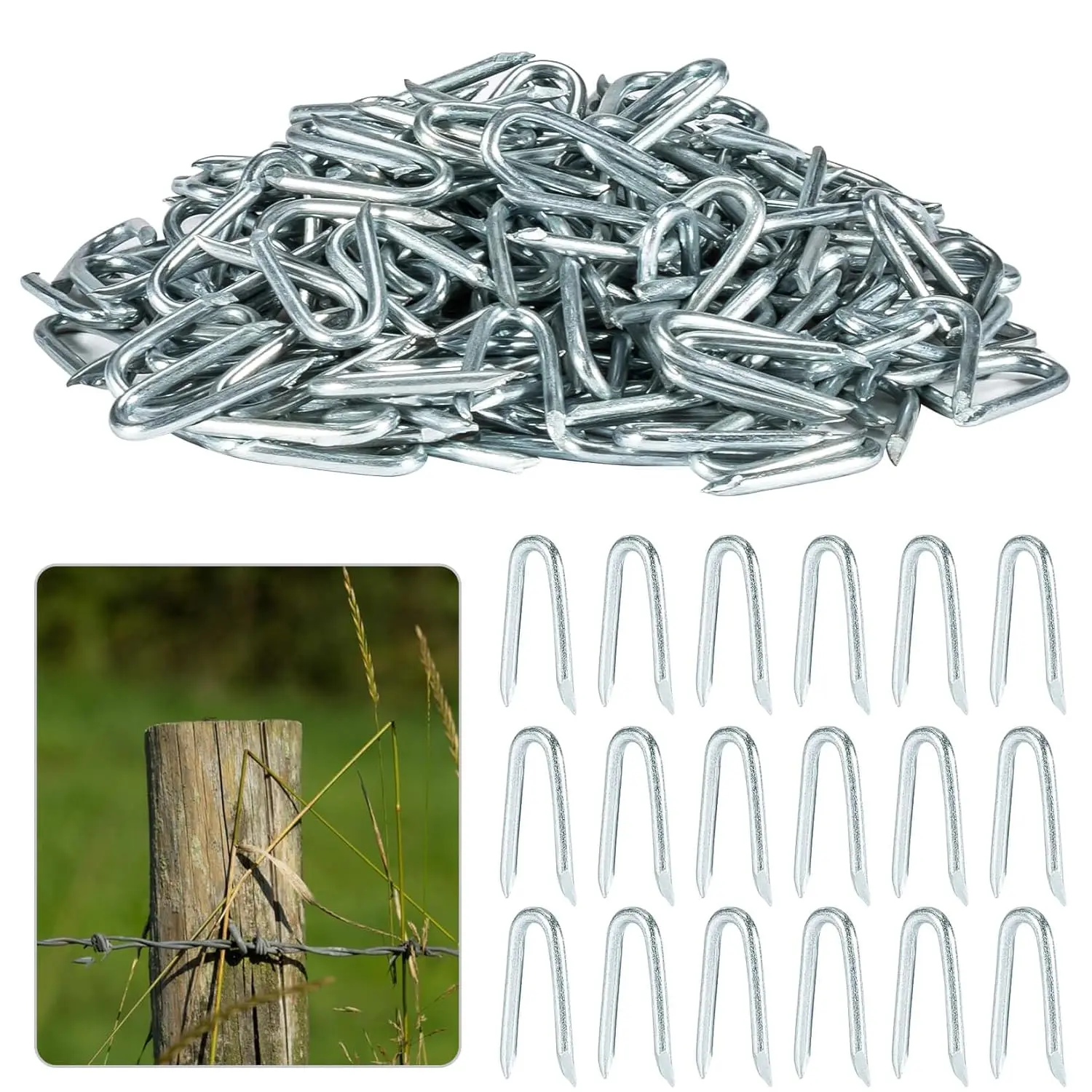 210 count U Fence Staples - Galvanized U Shaped Nails Heavy Duty Staples Fencing Staples U Nails for  Fencing Barbwire Fence (Siver)