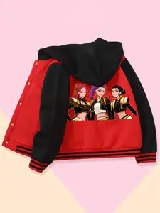 Girls' Fall Winter Trendy Comfortable Hooded Jacket, Creative Anime Kpop Print Baseball Coat, Casual Preppy Style Outerwear