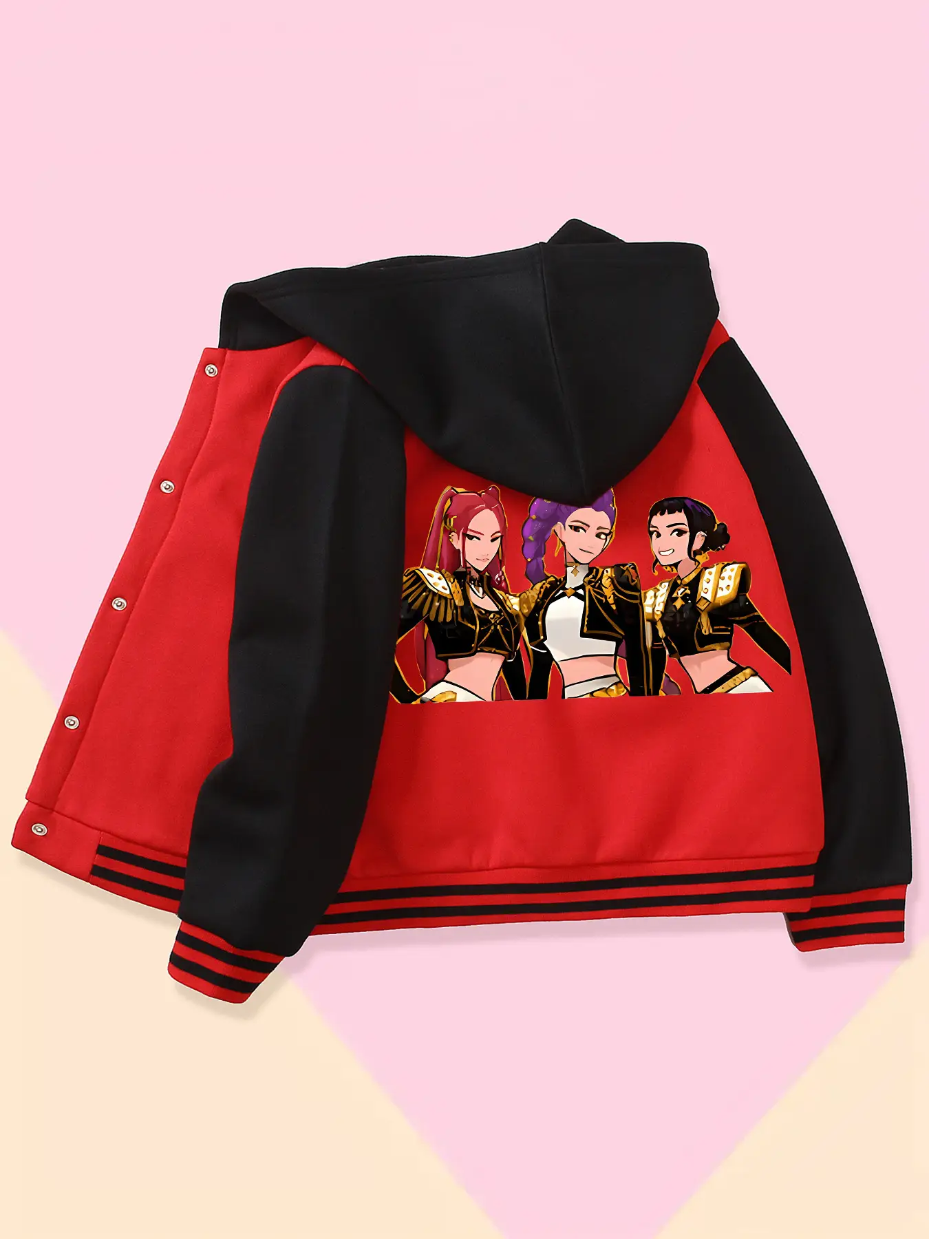 Girls' Fall Winter Trendy Comfortable Hooded Jacket, Creative Anime Kpop Print Baseball Coat, Casual Preppy Style Outerwear