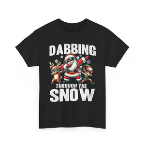 Funny Elf  Rein deer and Santa Dabbing Through The Snow Funny Christmas Boys Mens Unisex Heavy Cotton Tee