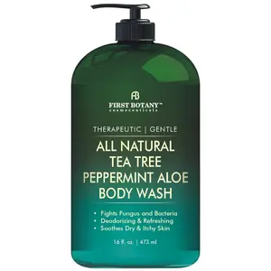 First Botany All Natural Tea Tree Body Wash - Fights Body Odor, Athlete’s Foot, Jock Itch, Dandruff, Acne, Eczema, Yeast Infection, Shower Gel for Women & Men, Peppermint Aloe Skin Cleanser 16 oz