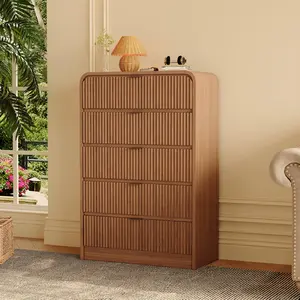 Modern Fluted 5-Drawer Dresser, Wide Rounded Edge Design, Walnut Finish Wooden Chest of Drawers for Bedroom and Living Room