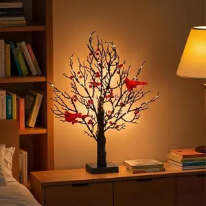 21in Vintage Glowing LED Tree with Moving Cardinals, Lighted Christmas Tabletop Decoration for Home & Holiday Décor