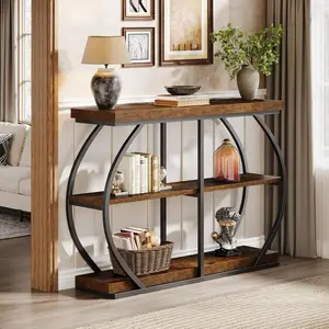 Emoottoo TB-YC0006 41.3 in. 3-Tier Entryway Industrial Console Table with Arched Metal Frame, Rustic Brown