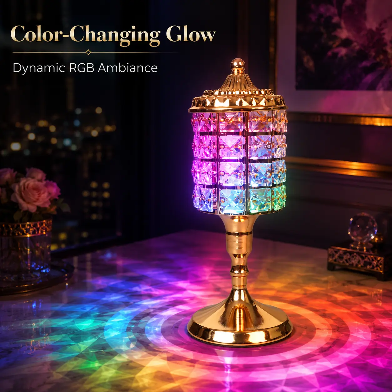 Color Changing Artificial Crystal Table Lamp, Multi-Color Flowing Light with Remote Control, Gold Decorative Mood Lamp for Bedroom, Vanity, Tabletop, Party & Room Decor