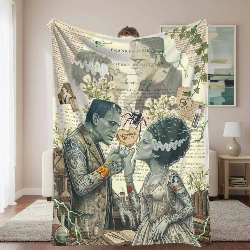 Frankenstein Couple Flannel Blanket, Dark Gothic/Gothic Style Halloween Graphic Horror Print, Cozy Soft Warm Durable for Bedroom, Halloween Party Gift Decor, Dark Gothic Blankets, Gothic Style Blankets
