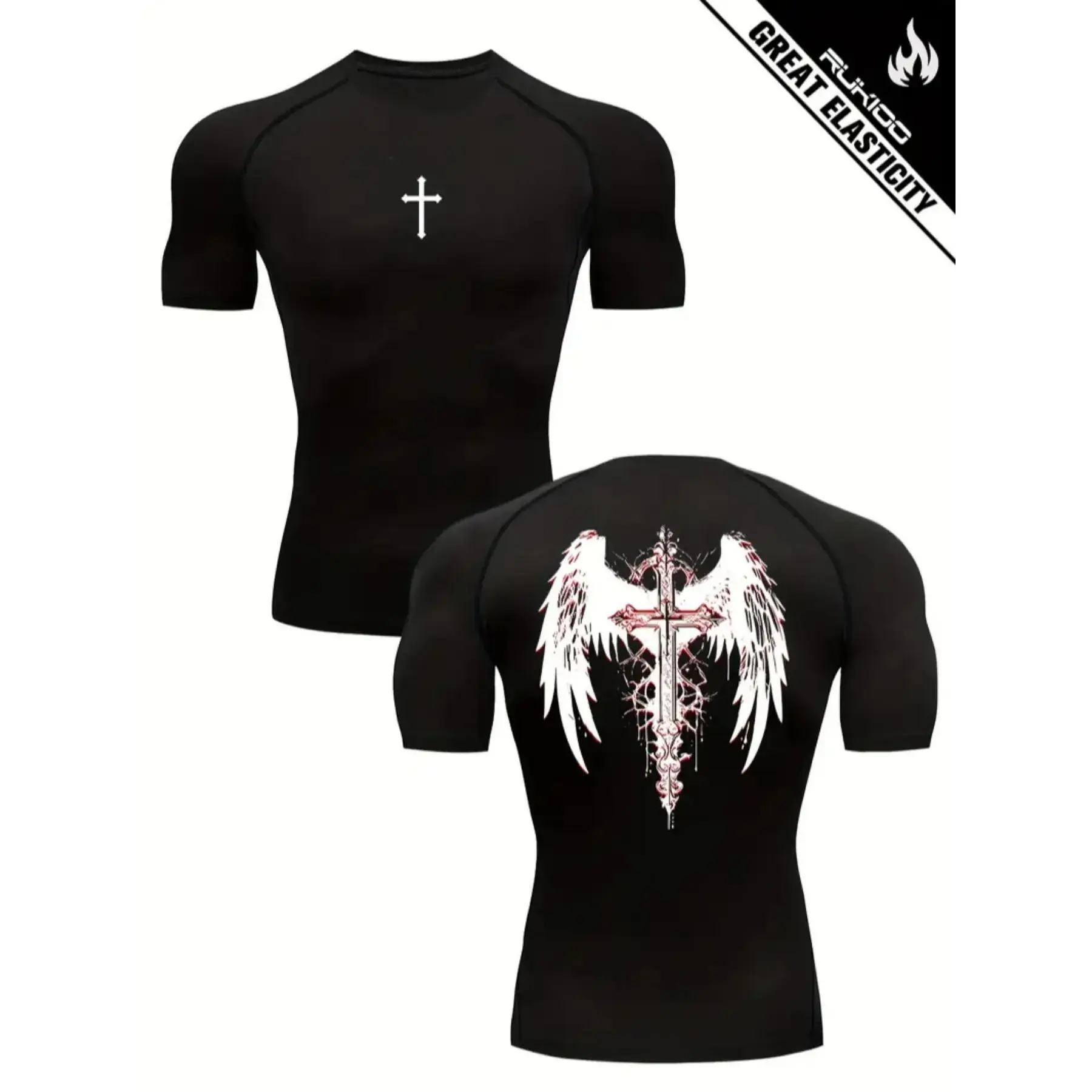 Men's Compression Shirt with Cross Wings Graphic, Slim Fit Breathable & Stretchy High Performance Activewear for Gym & Training, Compression Shirts, Men's Compression Shirts