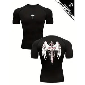 Men's Compression Workout Shirt, Athletic Tops – Cross & Wings Print, High Performance Activewear, Slim Fit, Breathable & Stretchy Top for Gym & Training