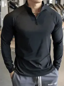AESS Men's Black Stand Collar Fitness Sweatshirt, Half-Zip Long Sleeve, Quick-Dry Breathable Slim Fit, Suitable For Cycling, Running, Gym Training Spring Sports
