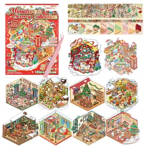 Christmas 3D Sticker Scenes Material Book, 10 Sets DIY 3D House Stickers, Therapy Set for Adults, Rich Collection, Room Sticker Book, Scrapbooking